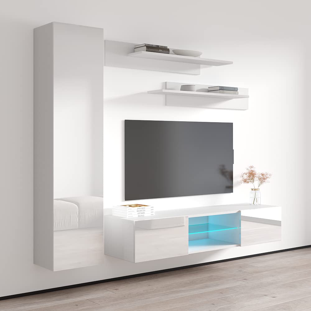 Modern Floating TV Stand with Storage & LED Lights - Wall-Mounted Entertainment Center for Bedroom & Living Room - White Meble Furniture Fly G1 33