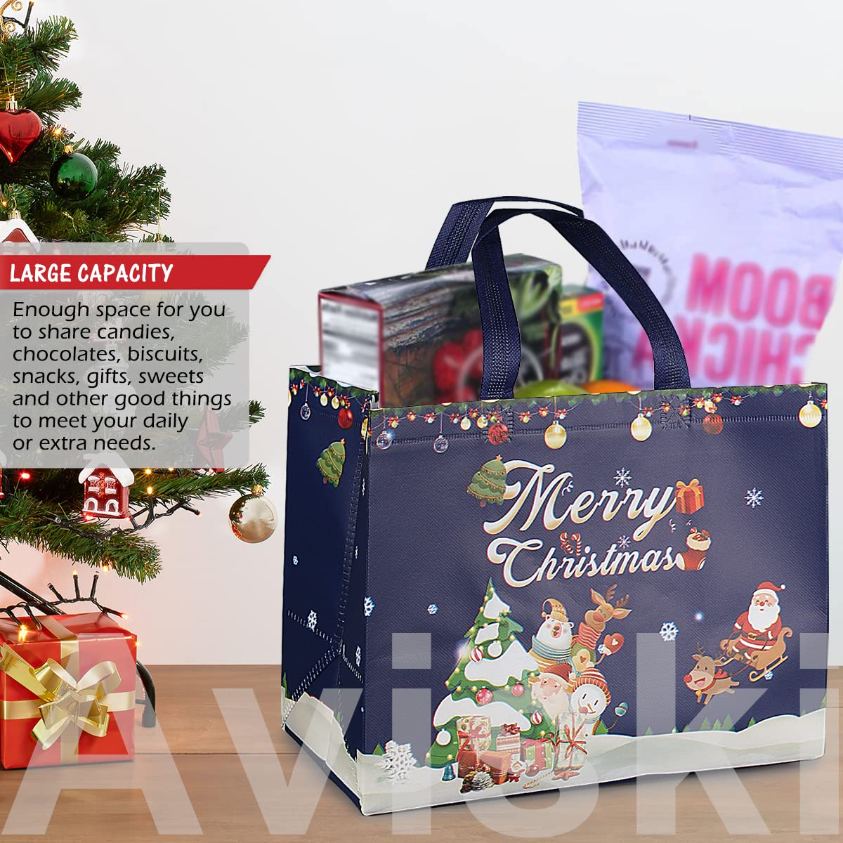 8PCS Christmas Gift Bags with Handles - Festive Holiday Tote Bags for Gift Wrapping, Treats & Shopping - Durable Non-Woven Xmas Party Supplies for Home, Office & School Celebrations
