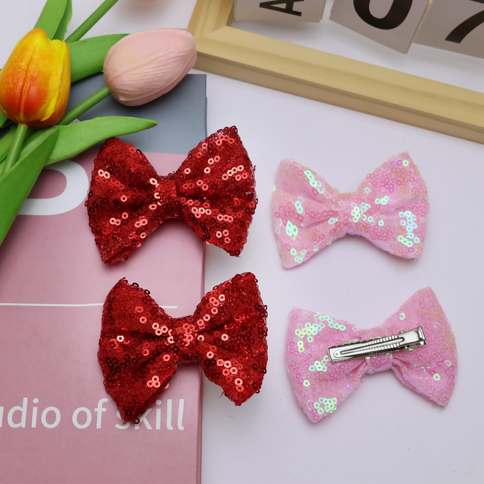 Sparkly Red Hair Clips for Girls - 4pcs Glitter Bow Hair Accessories for Toddlers, Teens & Kids | Non-Slip Alligator Clips | Perfect for School, Parties & Daily Styling