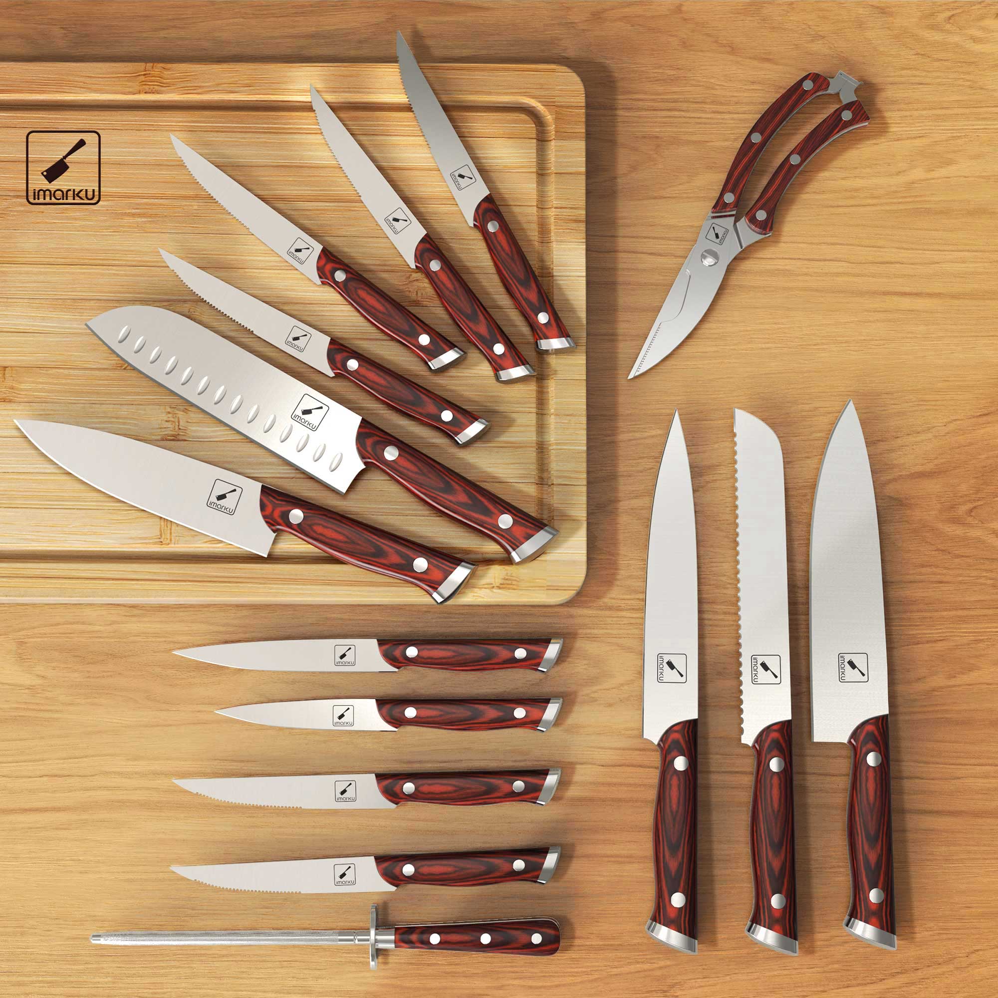 Premium Stainless Steel Cookware Set & Knife Set - 15-Piece Hammered Design Kitchen Bundle by Imarku | Professional Chef-Grade Pots, Pans & Knives for Cooking, Sautéing, Chopping | Perfect for Home Kitchens & Restaurant Use