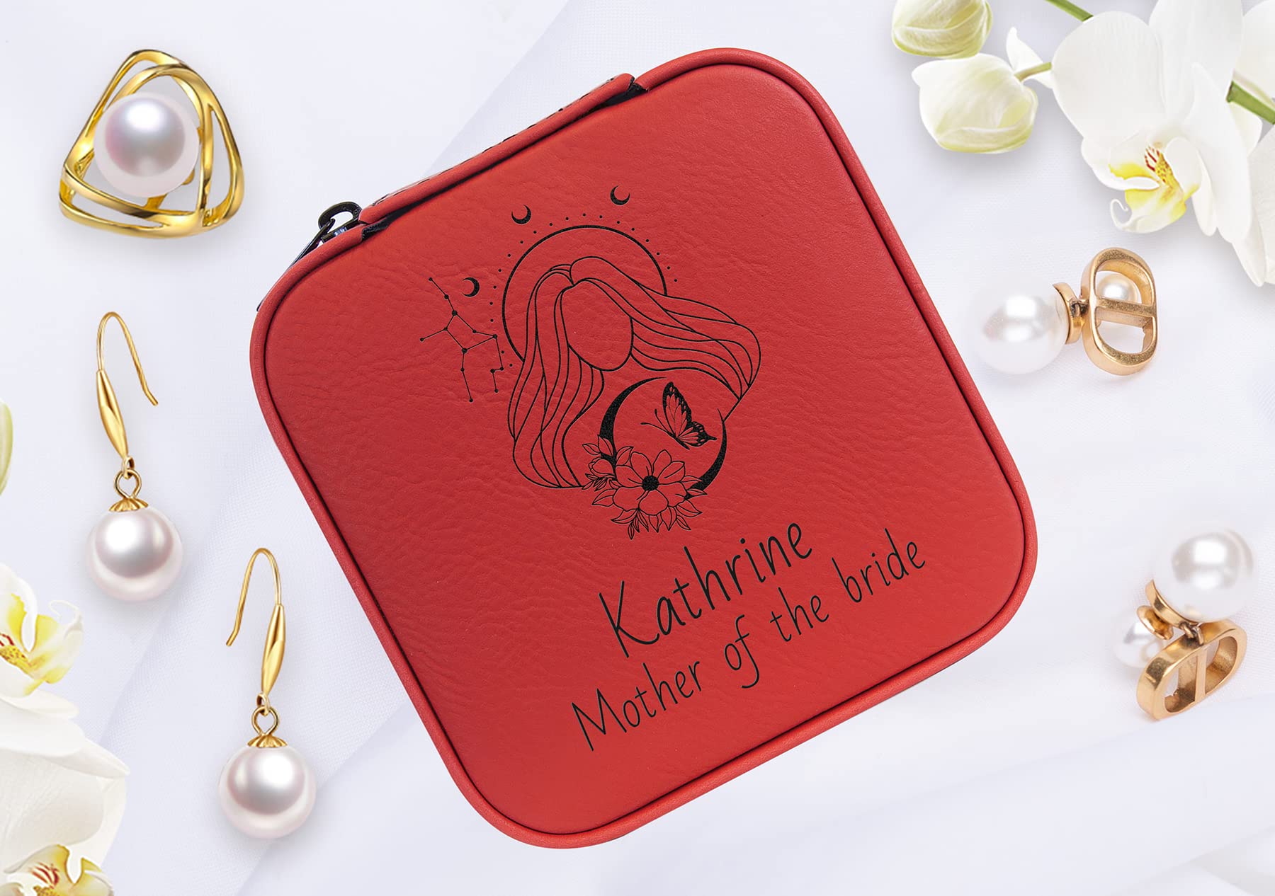 Personalized Leather Jewelry Box with Name & Zodiac Sign Engraving - Elegant Jewelry Organizer for Women, Custom Travel Jewelry Case - Perfect Birthday, Wedding, Anniversary Gift for Mom, Wife, Girlfriend (Red) - Great for Home Storage, Travel & Special Occasion Gifts