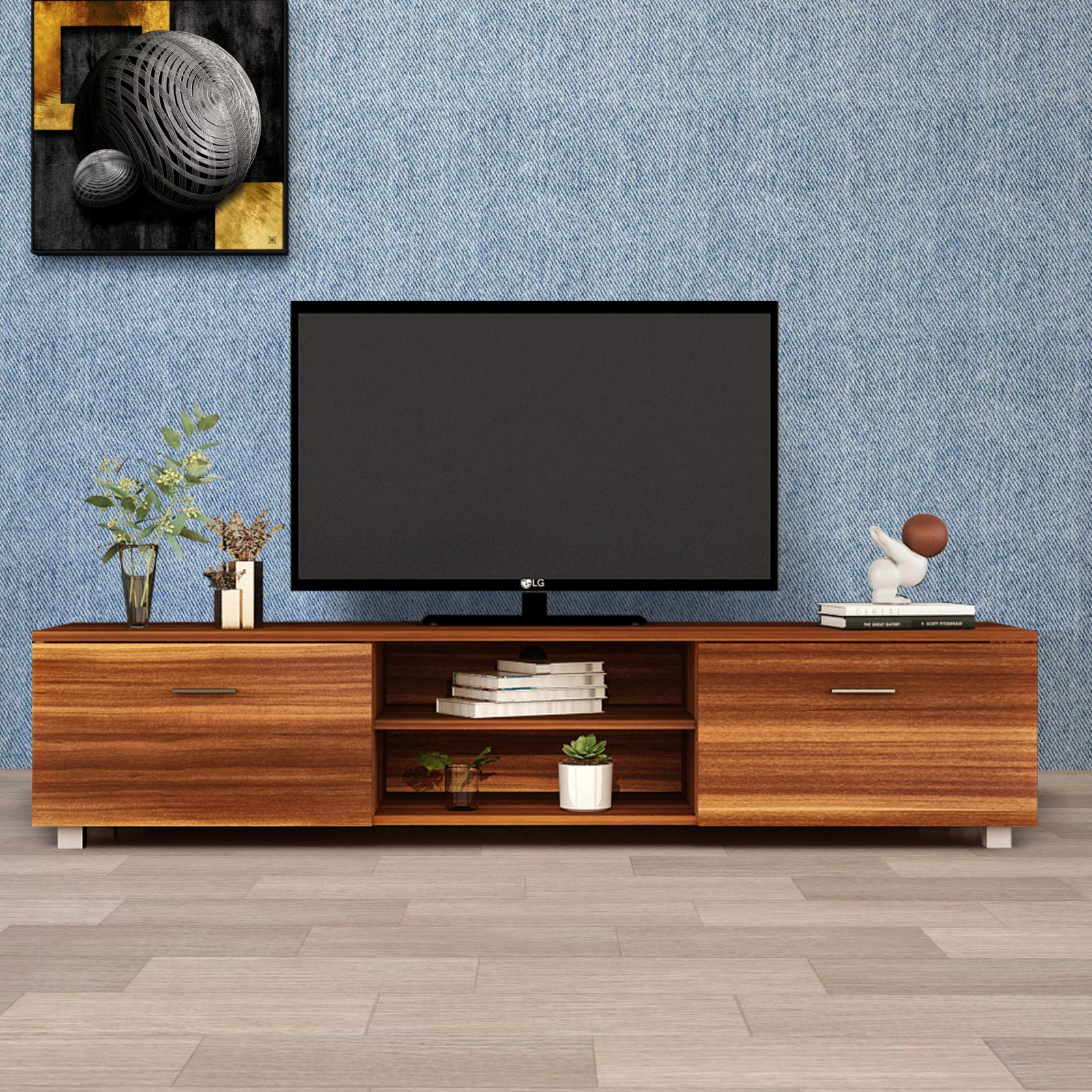 Modern TV Stand for 70 Inch TVs - Walnut Media Console with 2 Storage Cabinets & 2 Center Compartments - Entertainment Center for Living Room & Bedroom - Perfect for Home Theater Setup & Family Movie Nights