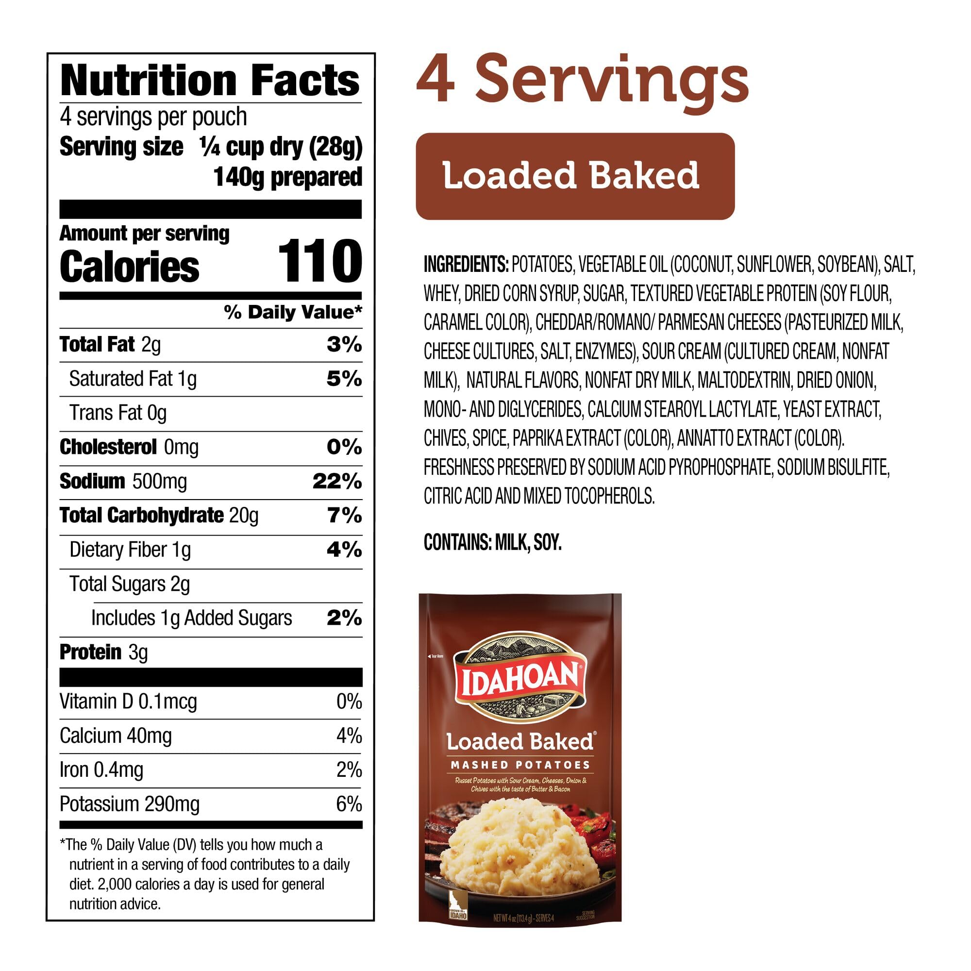 Idahoan Loaded Baked Mashed Potatoes, 4-Ounce Pack of 12 | Instant Potato Mix with Cheese, Bacon & Chives | Perfect for Quick Meals, Camping & Holiday Dinners