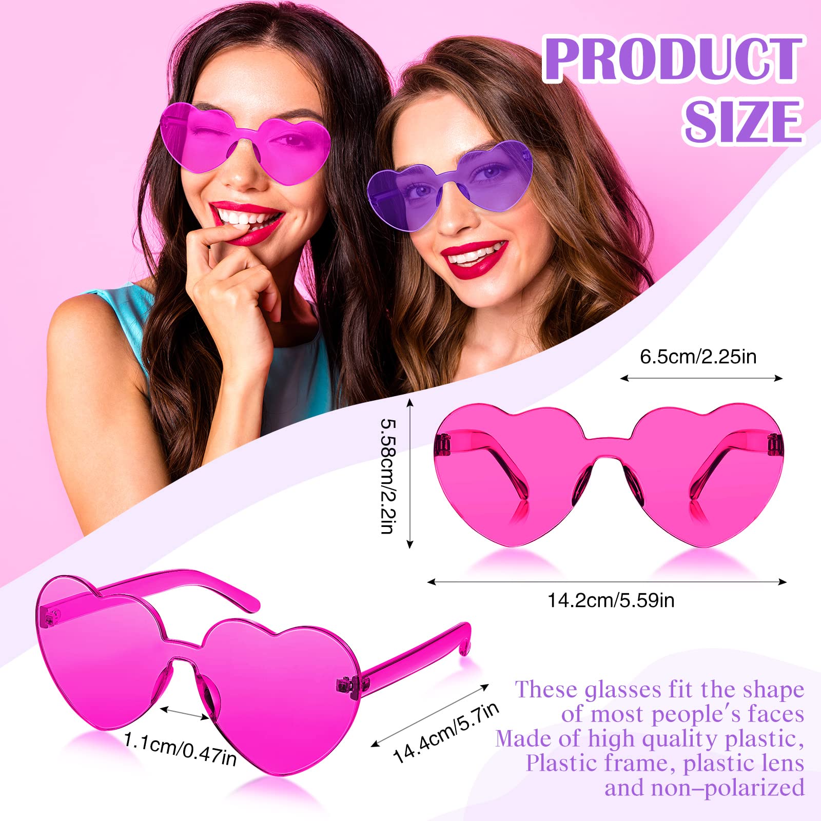 TOODOO 4 Pack Heart Shaped Sunglasses - Rimless Candy Color UV Protection Glasses for Women - Valentine's Day, Halloween, Party, Festival & Cosplay Accessories