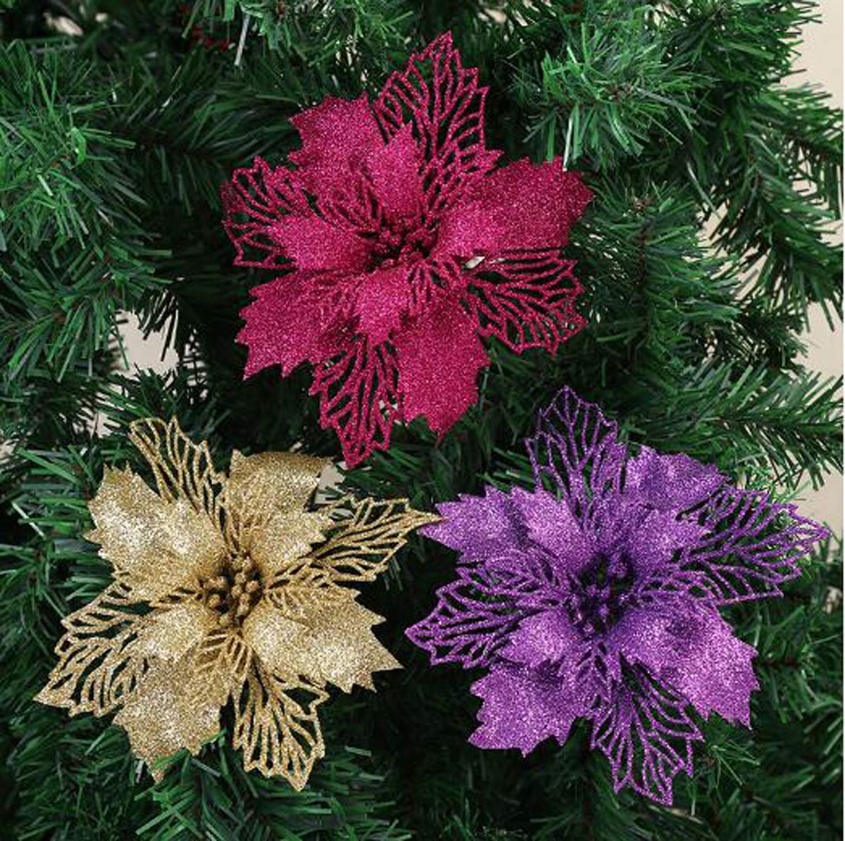 10 Pcs Rose Gold Glitter Poinsettia Flowers - Artificial Christmas Tree Ornaments for Holiday Wedding Decorations | Perfect for Xmas Tree, Wreaths, Table Centerpieces & Festive Home Decor