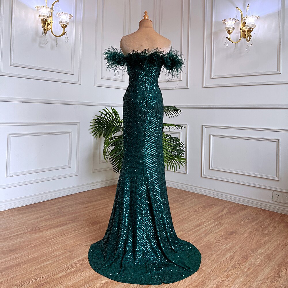 Elegant Green Mermaid Evening Gown with High Slit & Feather Details - Luxury Formal Dress for Women - Perfect for Weddings, Parties & Special Occasions