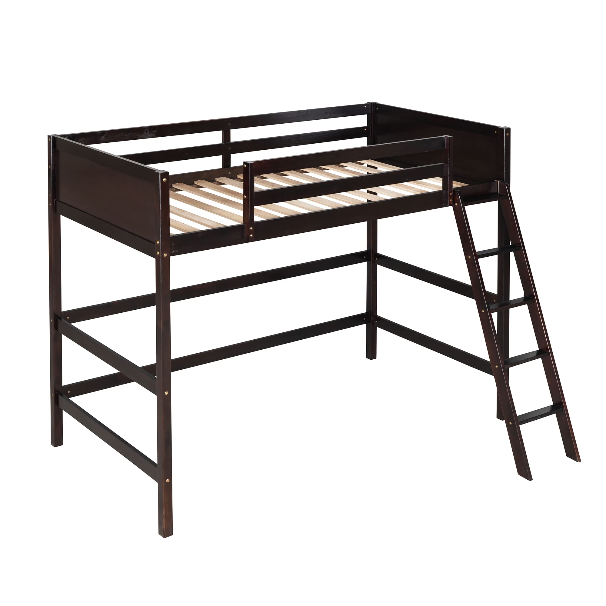 P PURLOVE Twin Loft Bed Frame with Angled Ladder - Solid Wood Loft Bed for Kids & Teens (Espresso Finish) - Space-Saving Bedroom Solution for Small Rooms & Dormitories