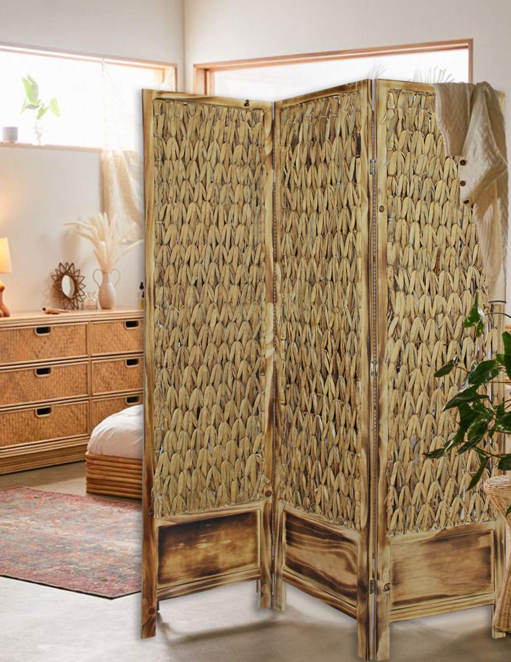 67 x 48 Inch Brown Room Divider Screen - Foldable Privacy Partition for Home Office, Bedroom & Living Room Decor