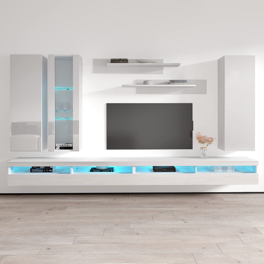 Modern White Wall-Mounted TV Stand with Storage Shelves & LED Lights - Floating Entertainment Center Console for Living Room & Bedroom - Space-Saving Furniture for Small Apartments & Home Theaters