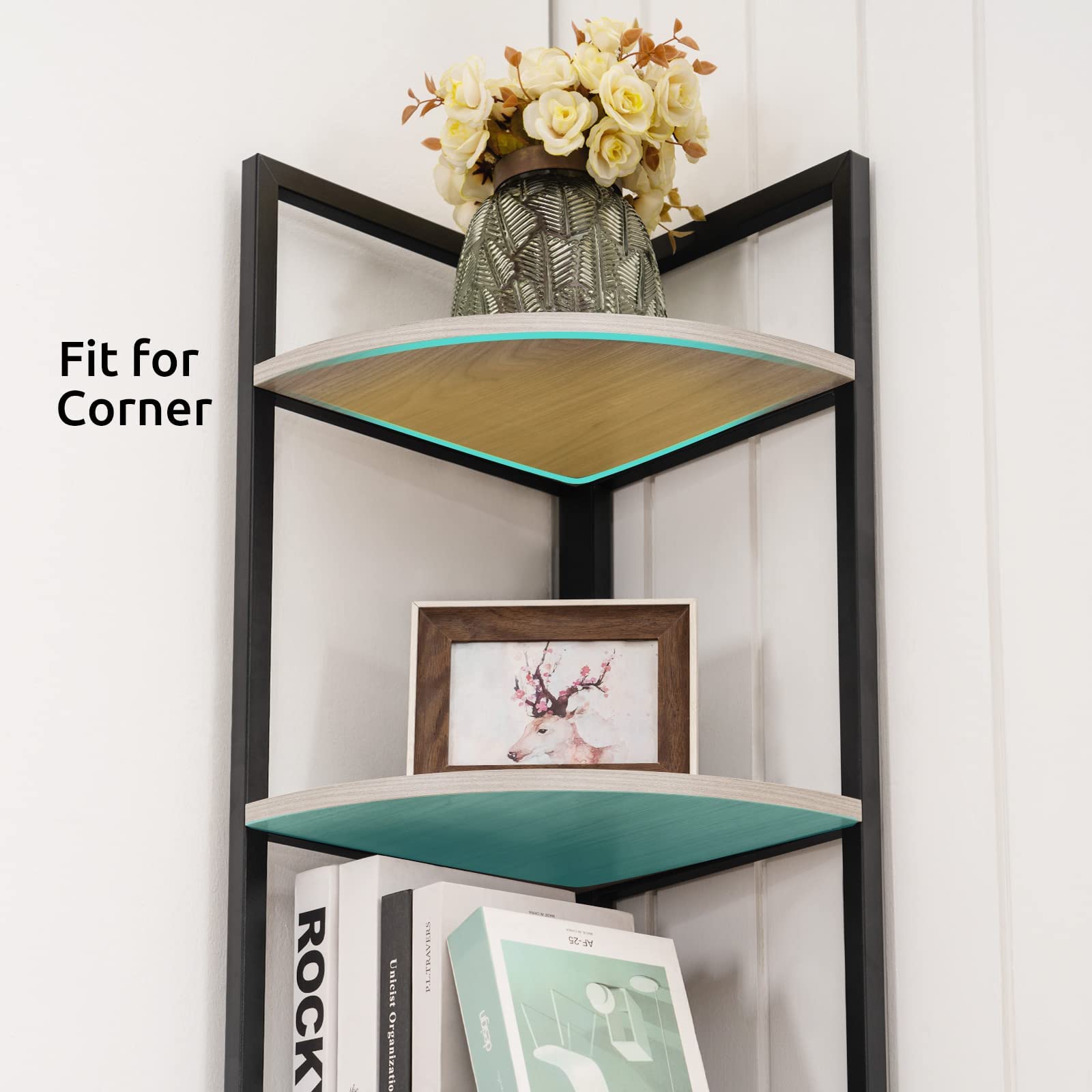 Apicizon 5-Tier Industrial Corner Bookshelf - Metal Frame Rustic Storage Shelf for Home Office, Kitchen & Small Spaces | Display Plants, Flowers & Books | Durable Grey Corner Shelving Unit for Living Room, Bedroom & Workspace