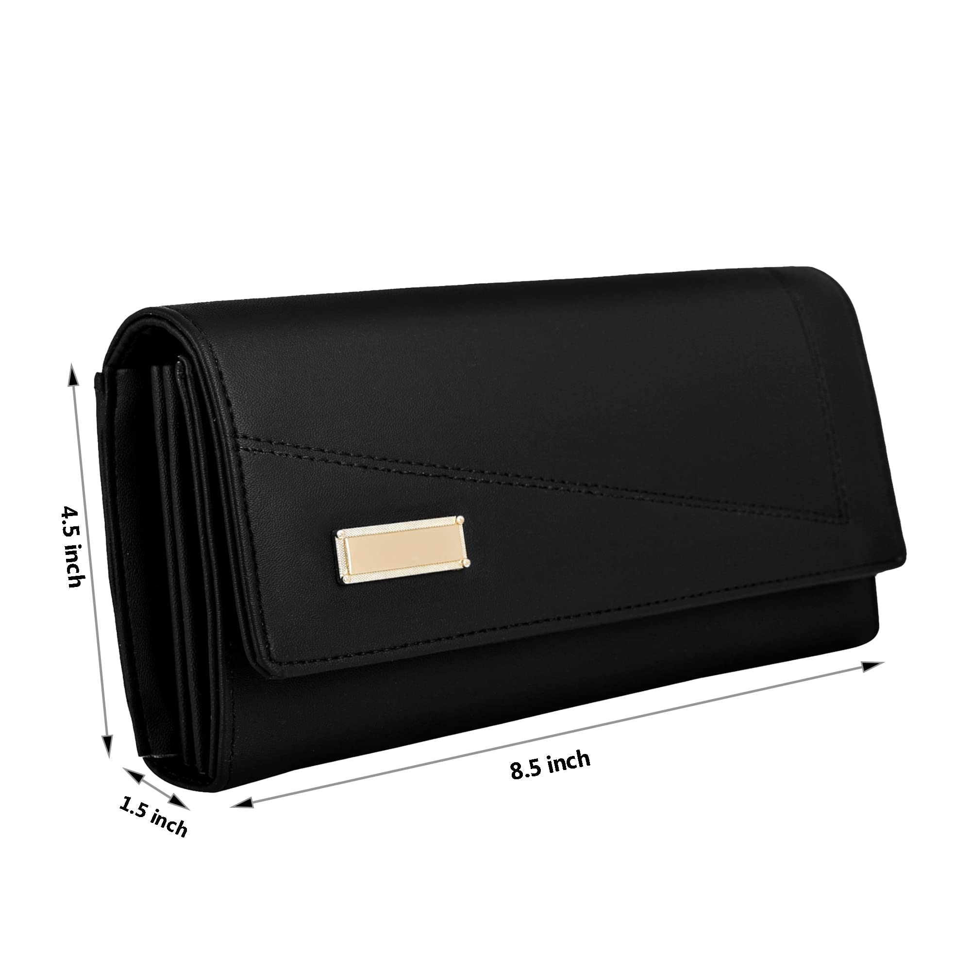 ALSU Women's Black Leather Wallet & Hand Clutch Purse with 4 Card Slots - RFID Blocking, Slim Design for Everyday Use, Parties & Travel | Model ARF-003BK