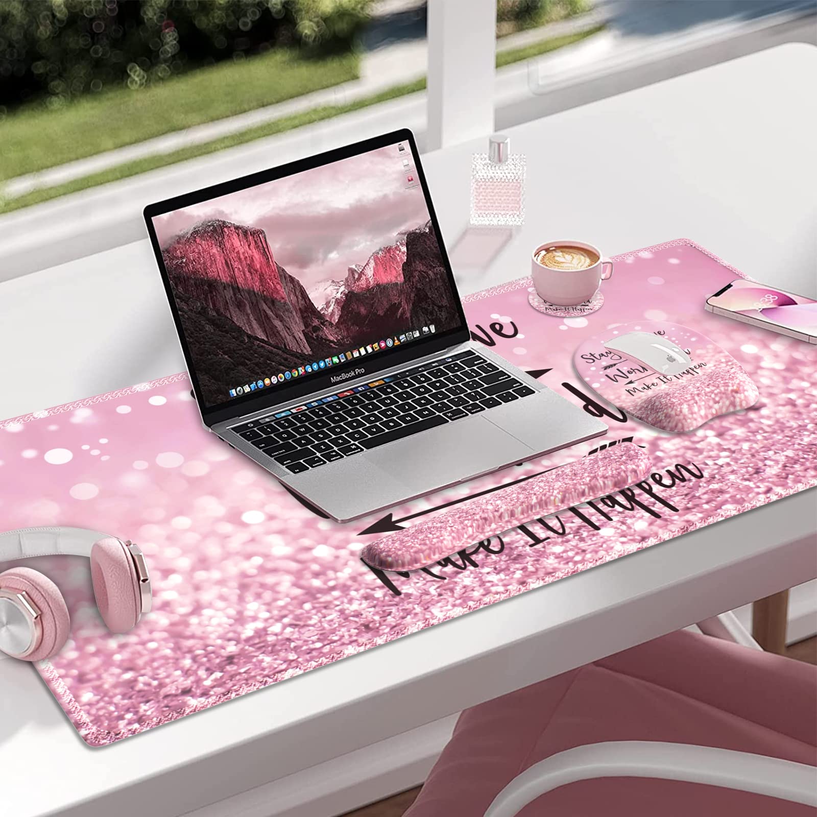 Ergonomic Pink Mouse Pad with Wrist Support - Non-Slip Rose Gold Keyboard Wrist Rest & Desk Mat, Stitched Edges for Durability (Stay Positive Design) - Perfect for Office, Gaming, and Home Workspace Comfort