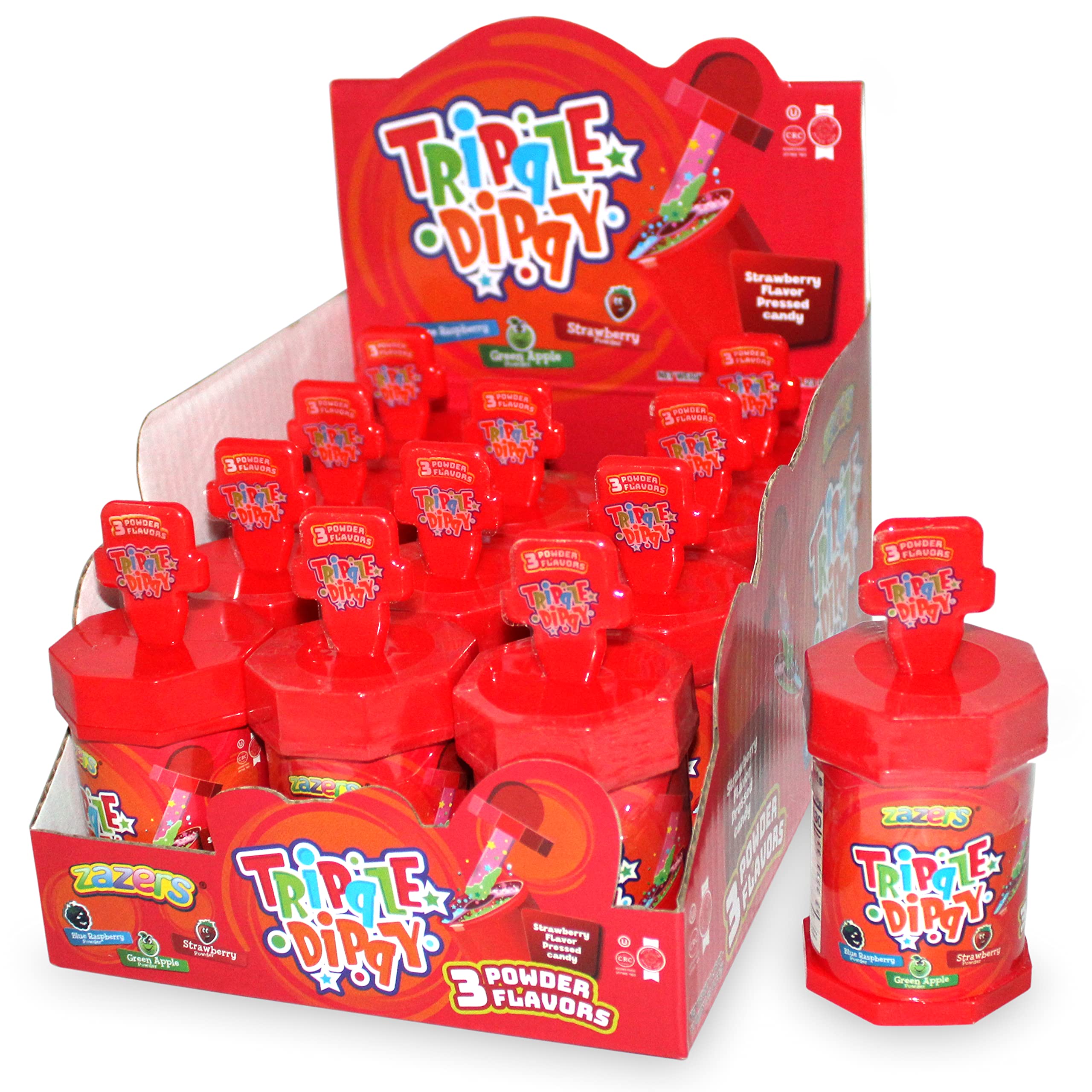 Zazers Triple Dippy Candy - 12 Pack Strawberry Lollipop with 3 Sour Powder Dips | Kosher Certified (14.76oz) | Perfect for Parties, Halloween Treats & Sweet Snacks
