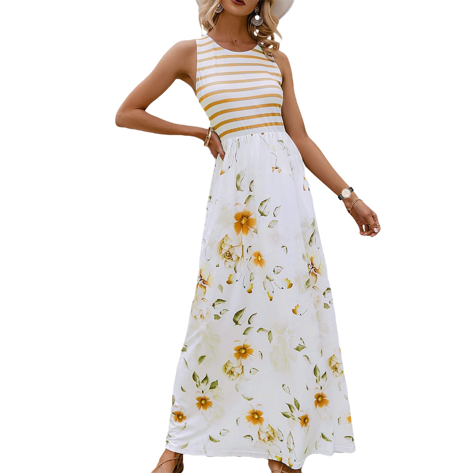 WERLIKE Women's Floral Print Sleeveless Maxi Dress - Striped Summer Casual Long Dress for Beach, Vacation & Outdoor Activities