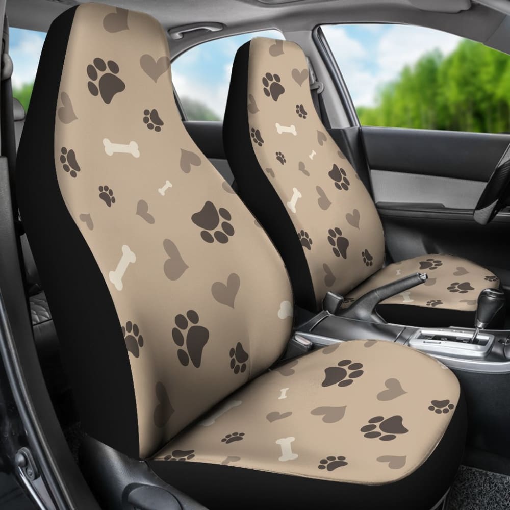 Beige and Brown Dog Lover Car Seat Covers with Paw Prints, Bones & Hearts Design - Waterproof Pet Seat Protector for Cars, SUVs & Trucks - Perfect for Dog Owners, Travel & Daily Commute