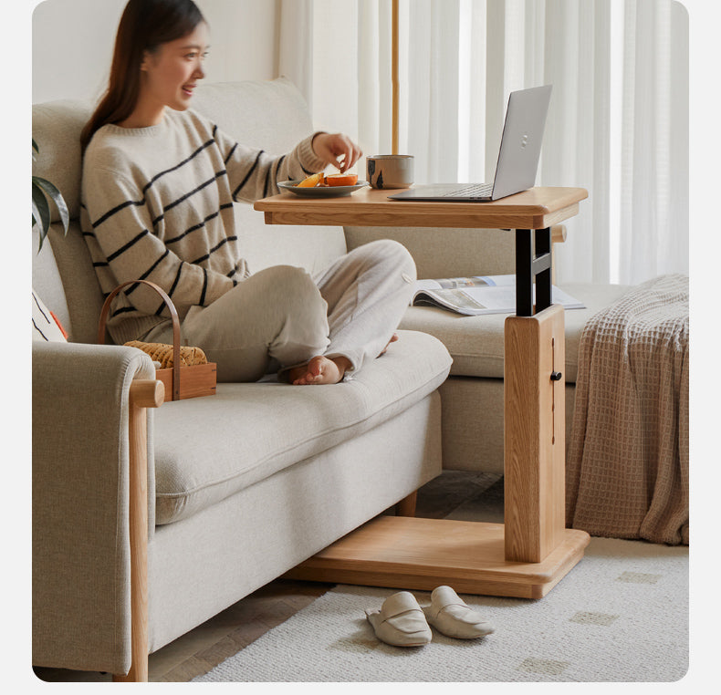 Solid Oak Wood Liftable Foldable Side Table - Adjustable Height for Living Room, Bedroom, or Office Use