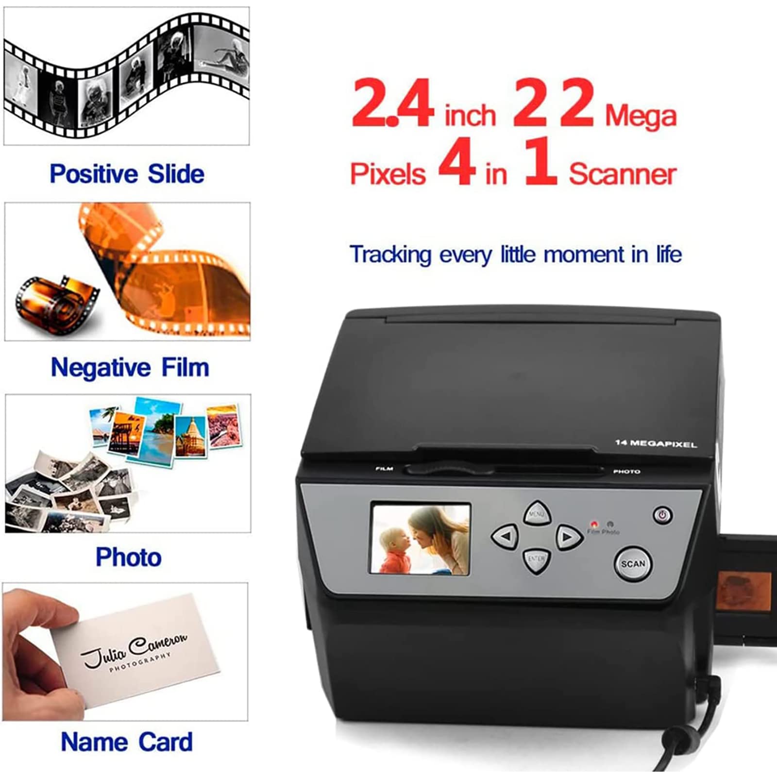 22MP Digital Film & Slide Scanner - Convert 35mm Color/B&W Negatives, 110 Film, Photos & Documents to JPEG | USB Output | Perfect for Archiving Old Memories, Digitizing Family Photos & Business Cards