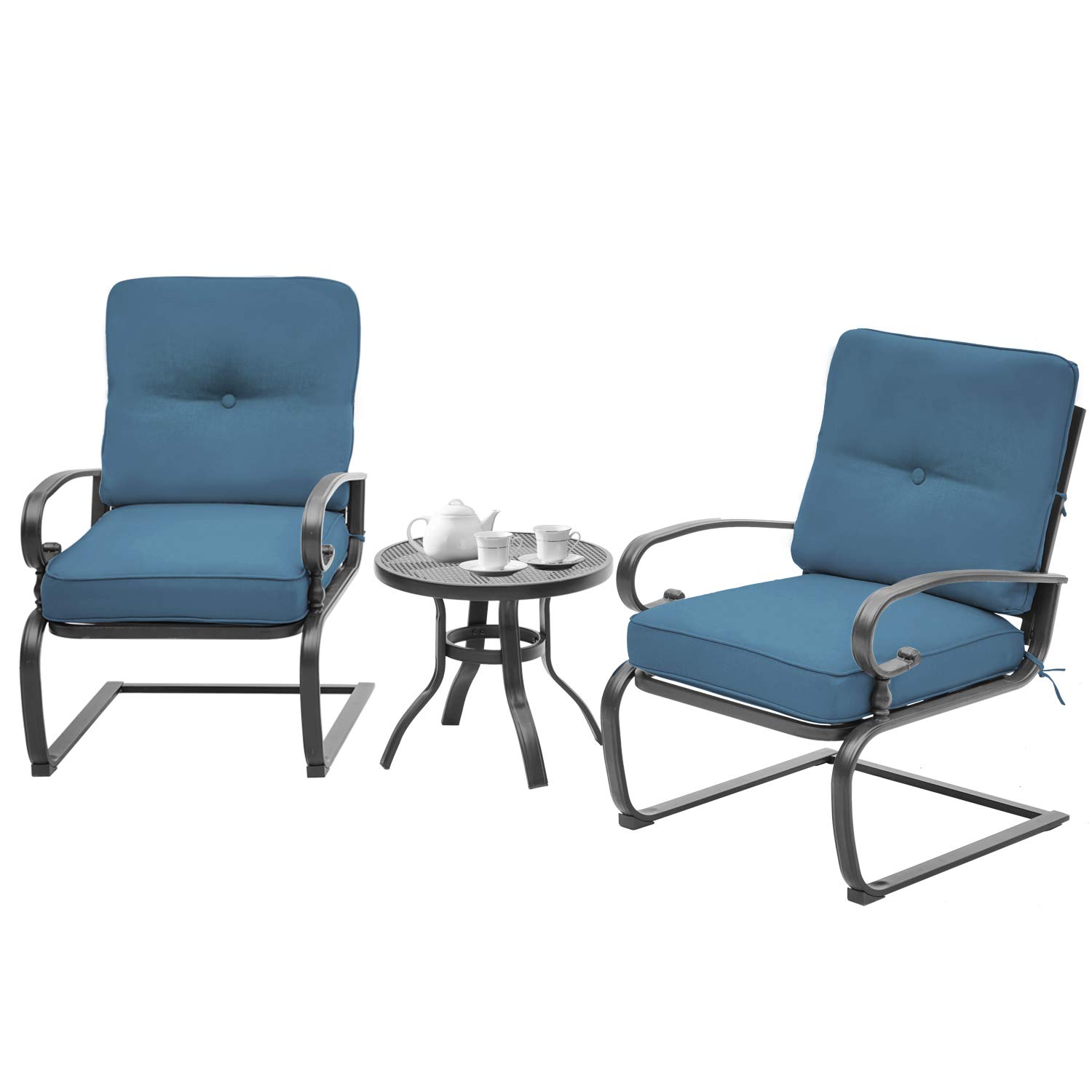 SOLAURA 3-Piece Outdoor Patio Furniture Set - Steel Frame Bistro Set with Cushions & Side Table, Peacock Blue - Perfect for Garden, Balcony, and Backyard Relaxation