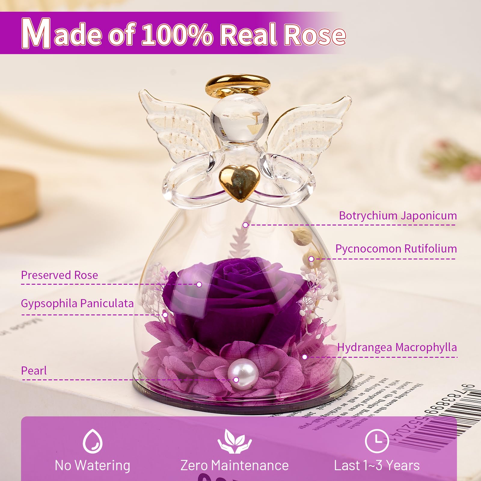 Real Preserved Rose in Glass Angel Figurine - Unique Birthday Gift for Mom, Grandma & Women | Thoughtful Present from Daughter & Son | Home Decor, Anniversary Keepsake, Valentine's Day Gift Idea