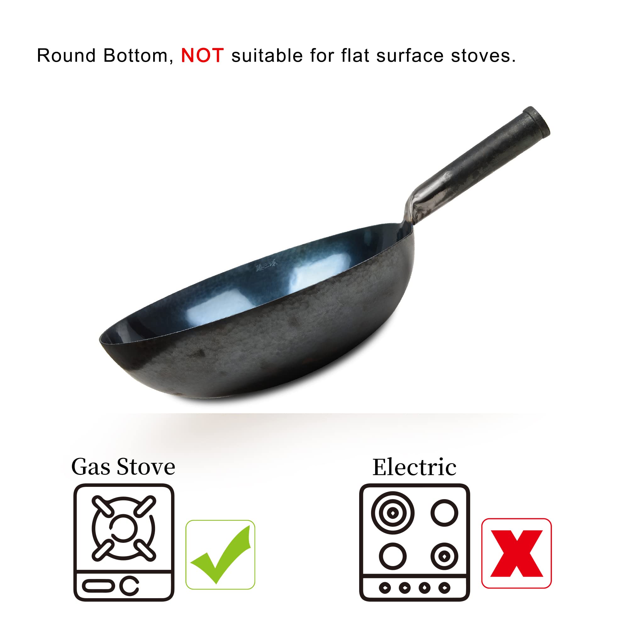 ZhenSanHuan Premium Hand-Forged Carbon Steel Wok Pan - 36cm Unseasoned Chinese Iron Wok for Stir Frying | Non-Toxic, Chemical-Free, Natural Non-Stick Surface | Perfect for Home Cooking, Restaurant Use & Professional Chefs