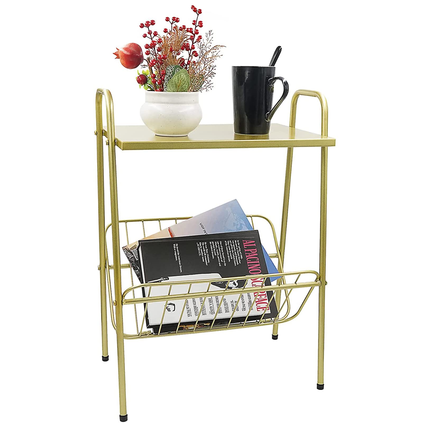 JBikao Gold Side Table with Storage - Accent End Table for Couch, Bedroom, Living Room | Perfect as Magazine Holder, Nightstand, Snack Table & Record Player Stand | Stylish Home Decor for Bathroom & Living Spaces