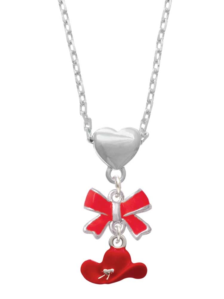 Delight Jewelry Silver-Tone Enamel Cowboy Hat & Bow Heart Pendant Necklace with 18+2 Inch Extender Chain - Perfect for Western Fashion, Country Concerts and Cowgirl Outfits