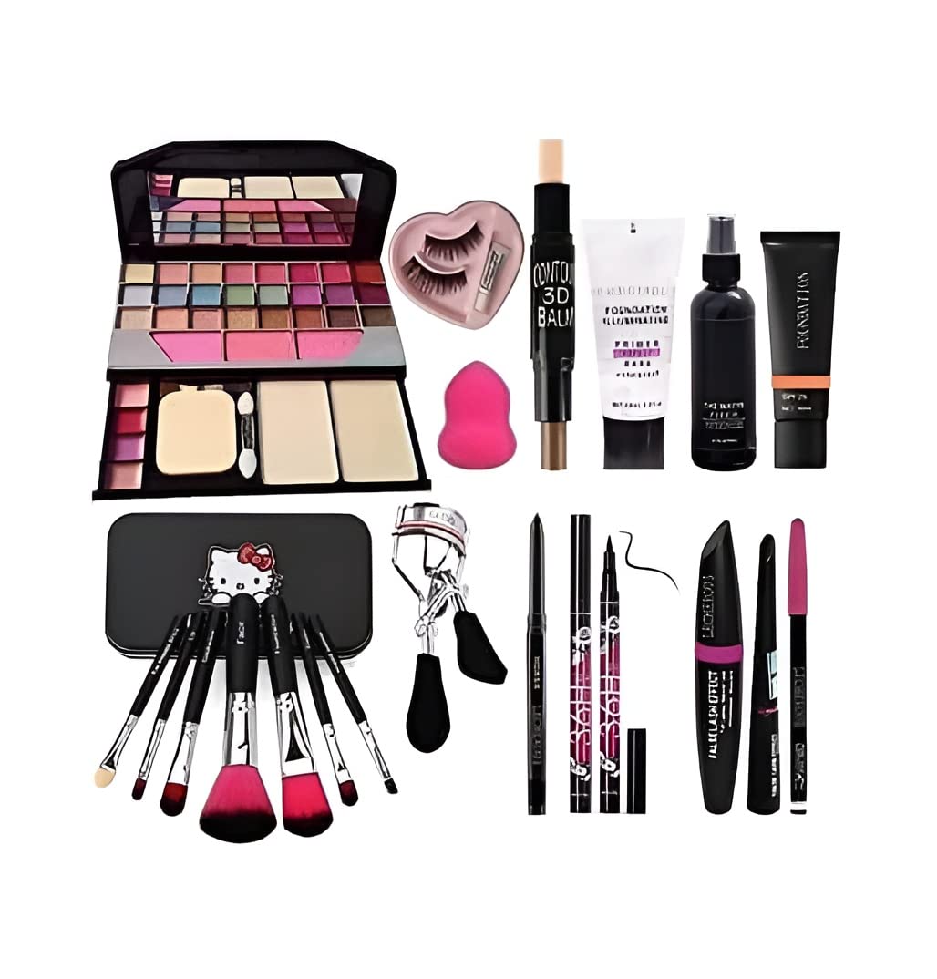 RJGUDDU TYA 6155 Professional 20-Piece Makeup Kit with 7 Black Brushes, Contour Stick, Primer, Foundation, Kajal, 36H Eyeliner, Lashes & Curler, Beauty Blender, 3-in-1 Liner, Mascara & Eyebrow Pencil – Perfect for Full Face Makeup, Bridal Looks & Everyday Beauty Routine