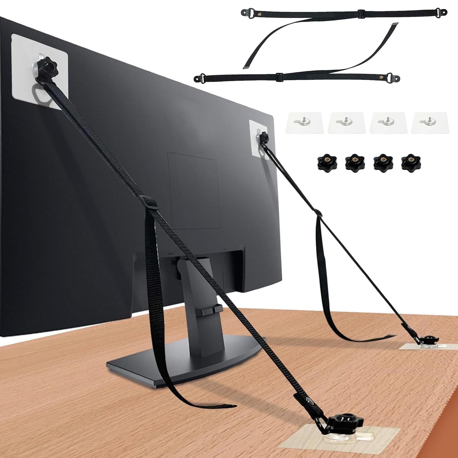 2 Pack No-Drill TV Safety Straps - Heavy Duty Anti-Tip Furniture Anchors for Flat Screens, Wall Mounting, Cabinets & Desks - Adjustable Adhesive TV Wall Mount (Black) - Perfect for Childproofing & Earthquake Safety in Living Rooms, Bedrooms & Offices