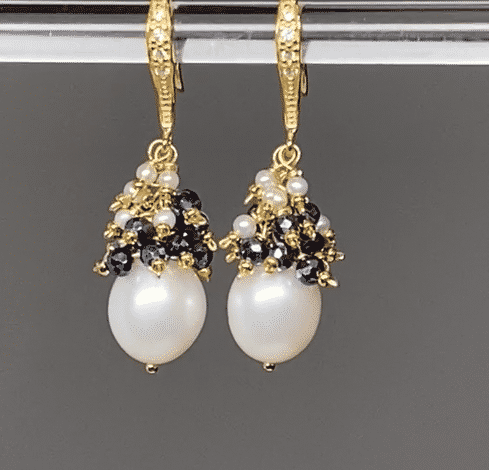 White Pearl & Black Spinel Cluster Earrings in Gold - Elegant Dangle Earrings for Women, Perfect for Weddings, Parties & Evening Events