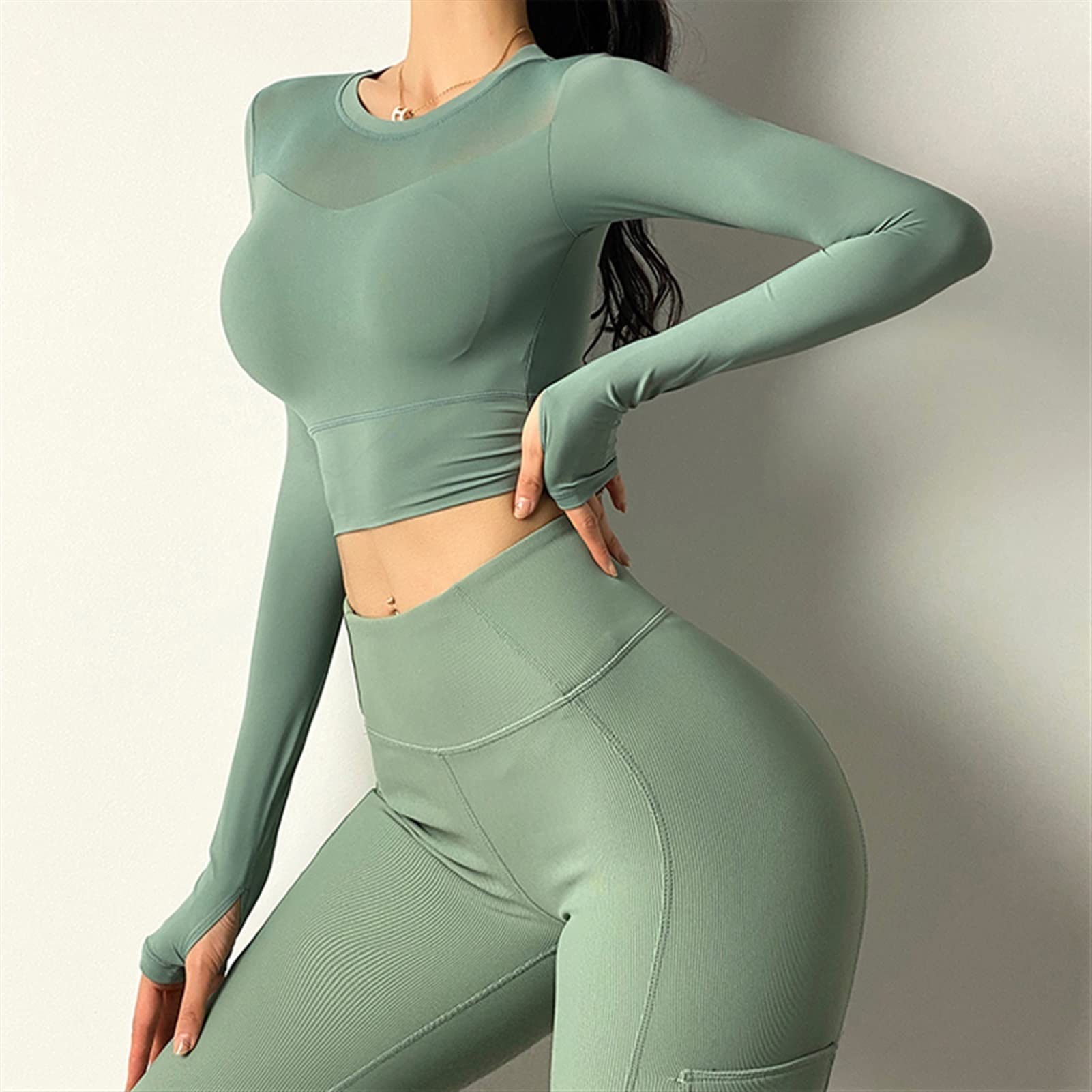 EKDSPW Women's Long Sleeve Yoga Crop Top - Breathable Net Yarn Patchwork Fitness Shirt for Gym, Running & Workouts - Tight Fit Sport Tee (Green, Size M) | Perfect for Yoga, Pilates, HIIT & Outdoor Activities