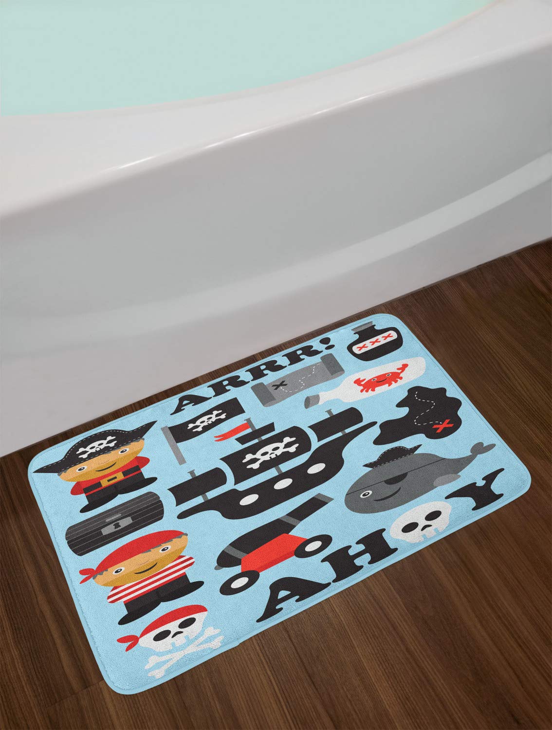 Ahoy Pirate Themed Non-Slip Bath Mat – Nautical Skull, Ship & Island Design – 30.2 x 20 Inch Plush Bathroom Rug – Pale Blue & White – Perfect for Pirate Lovers, Kids' Bathrooms & Coastal Decor
