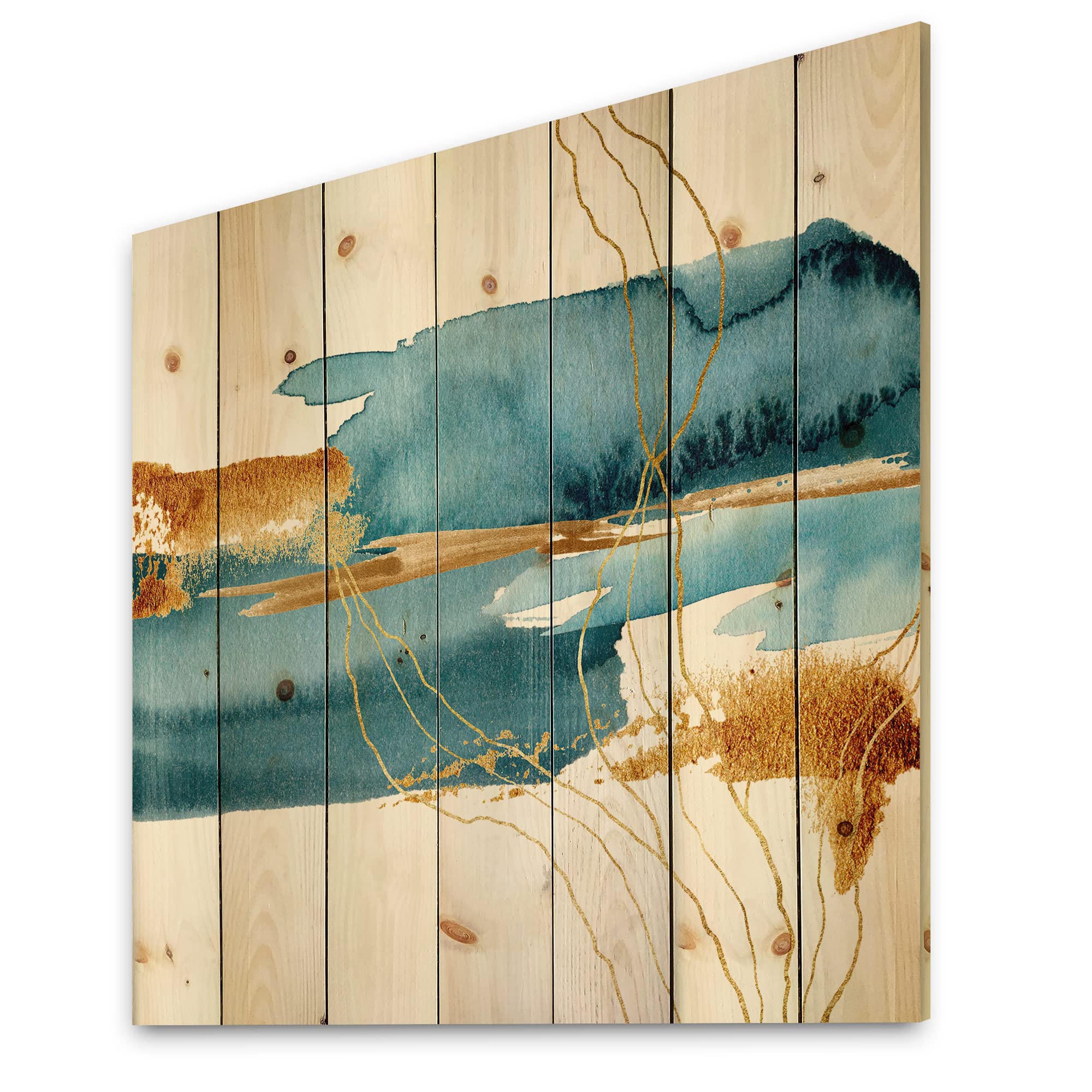 Blue Underwater Plant with Golden Laminaria Branch - Modern Wood Wall Art Decor, Large Abstract Pine Wood Panel Print - Perfect for Living Room, Bedroom & Office Wall Decoration