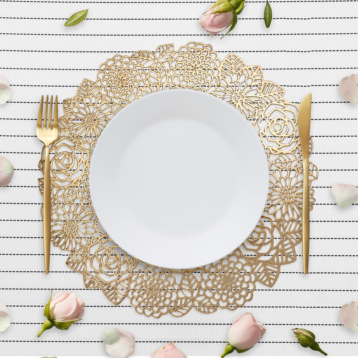 VUDECO Elegant Gold Round Placemats Set of 6 - Premium Vinyl Table Mats for Dining Decor, Fall & Holiday Dinner Parties, Indoor Table Setting - Waterproof & Easy to Clean Charger Plates