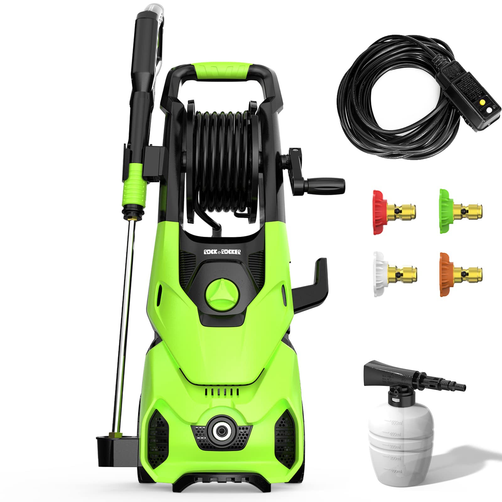 2023 Rock&Rocker Electric Pressure Washer 2.6 GPM - 4 Quick Connect Nozzles & Foam Cannon with Hose Reel - Powerful Car Wash Machine for Home, Driveway, Patio Cleaning - Perfect for Vehicle Detailing, Concrete Cleaning, and Outdoor Surface Maintenance