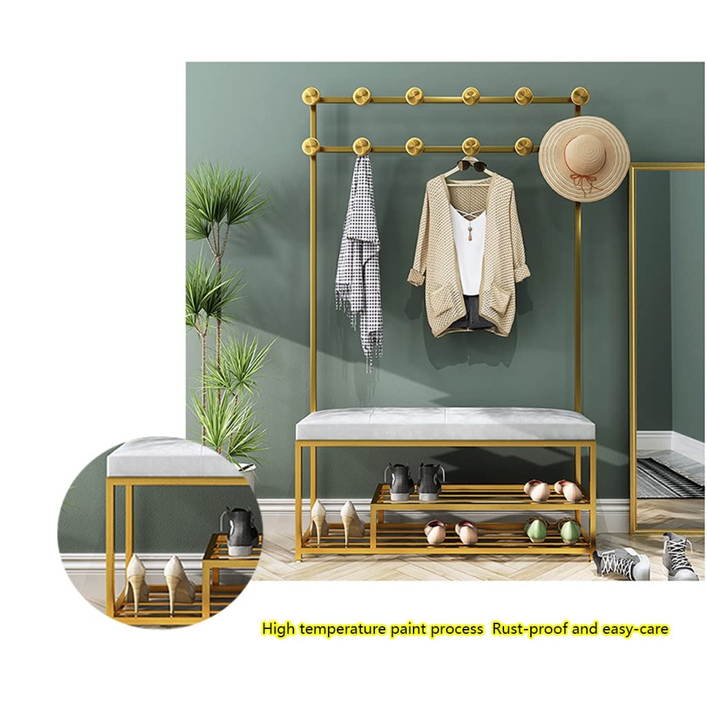 4-in-1 Hall Tree Entryway Organizer - Coat Rack, Shoe Bench with 2-Tier Storage Shelves & Hooks - Multifunctional Iron Art Storage Shelf for Living Room, Bathroom, Bedroom - Silver (100x35x175cm) - Perfect for Small Spaces, Apartments & Home Entryway Organization