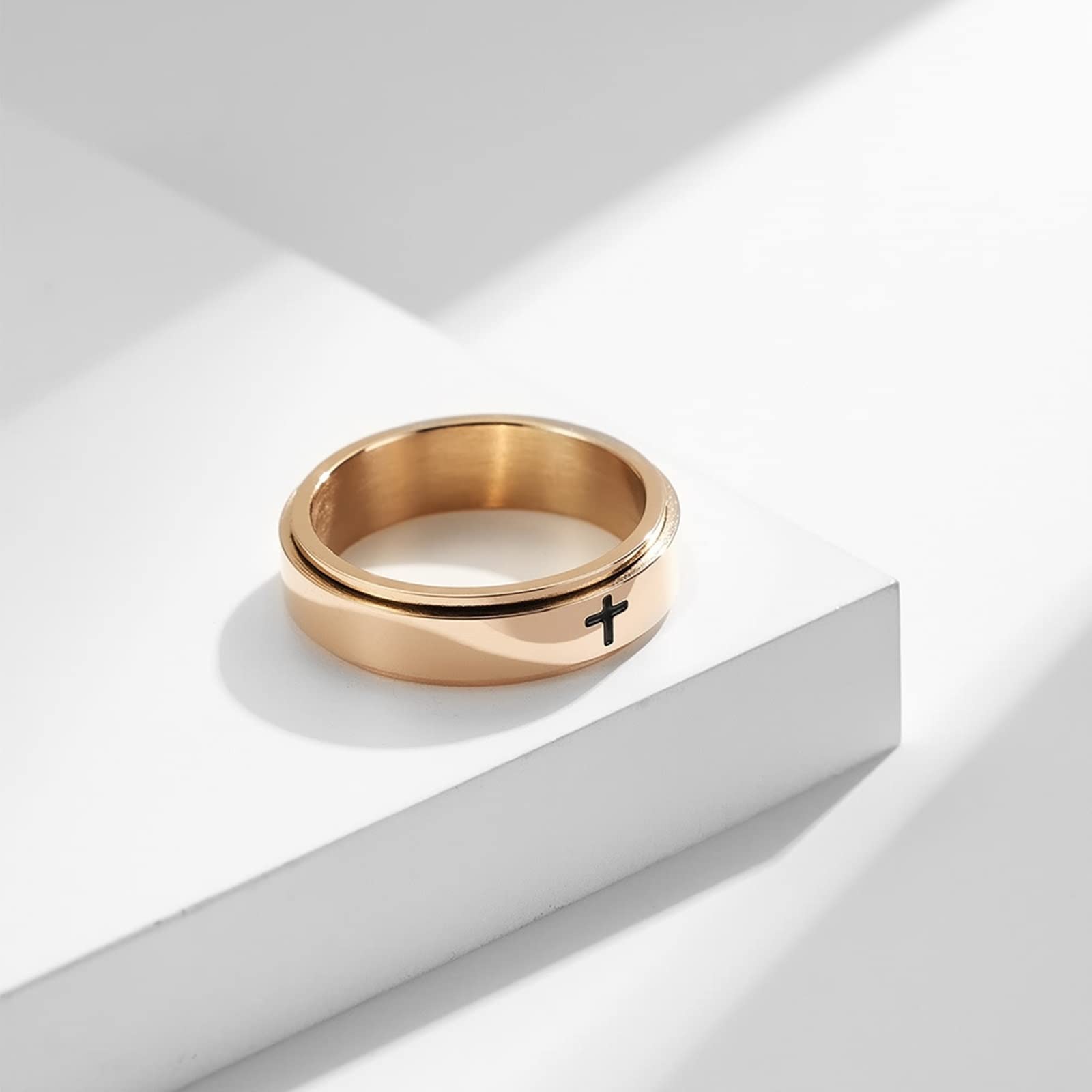 Anxiety Ring for Women & Men - Stainless Steel Smooth Band with Epoxy Cross Pattern - Promise Ring, Signet Ring for Stress Relief - Perfect for Meditation, Gifts, and Everyday Wear