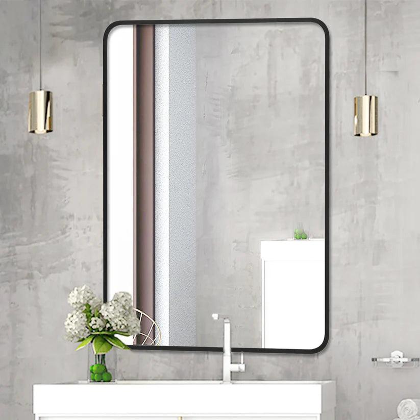 Modern Black Aluminum Framed Wall Mirror - Sleek Soft Corner Design for Living Room, Bedroom & Bathroom Decor | Home & Office Interior Accent Mirror