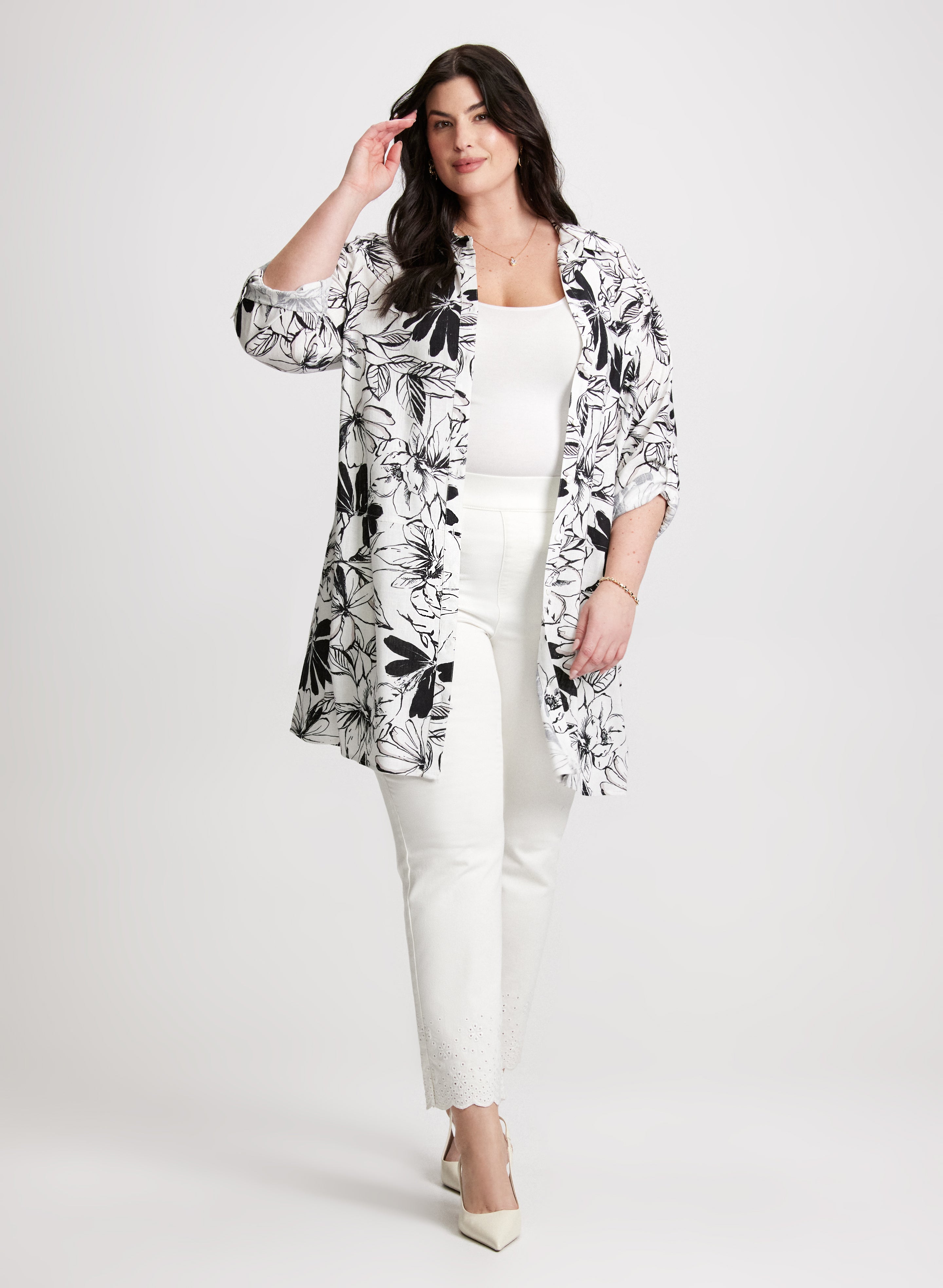 Floral Linen Blend Blouse & Embroidered Pull On Jeans Set - Women's Casual Summer Outfit for Brunch, Beach or Date Night