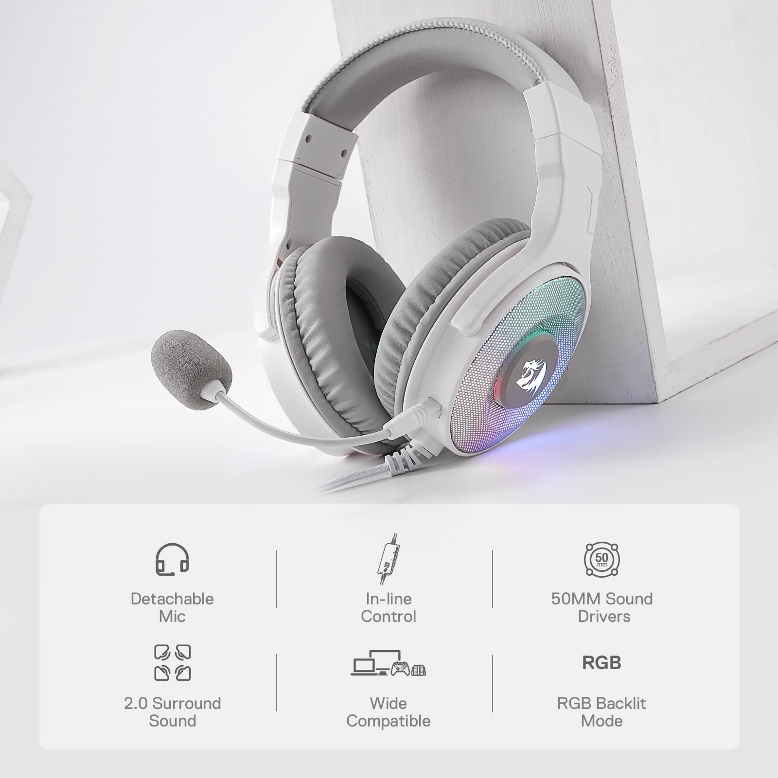 Redragon H350 Wired Gaming Headset - White, RGB Dynamic Backlit, 50mm Stereo Surround Sound, Detachable Mic, Over-Ear Headphones for PC, PS4, Xbox & Streaming