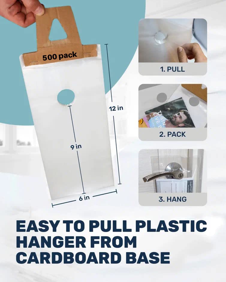 TidyFriend Clear Door Hanger Bags 6x12 Inches (500 Pack) - Waterproof Hanging Organizer for Flyers, Brochures, Notices & Printed Materials - Perfect for Business Advertising, School Announcements & Community Events