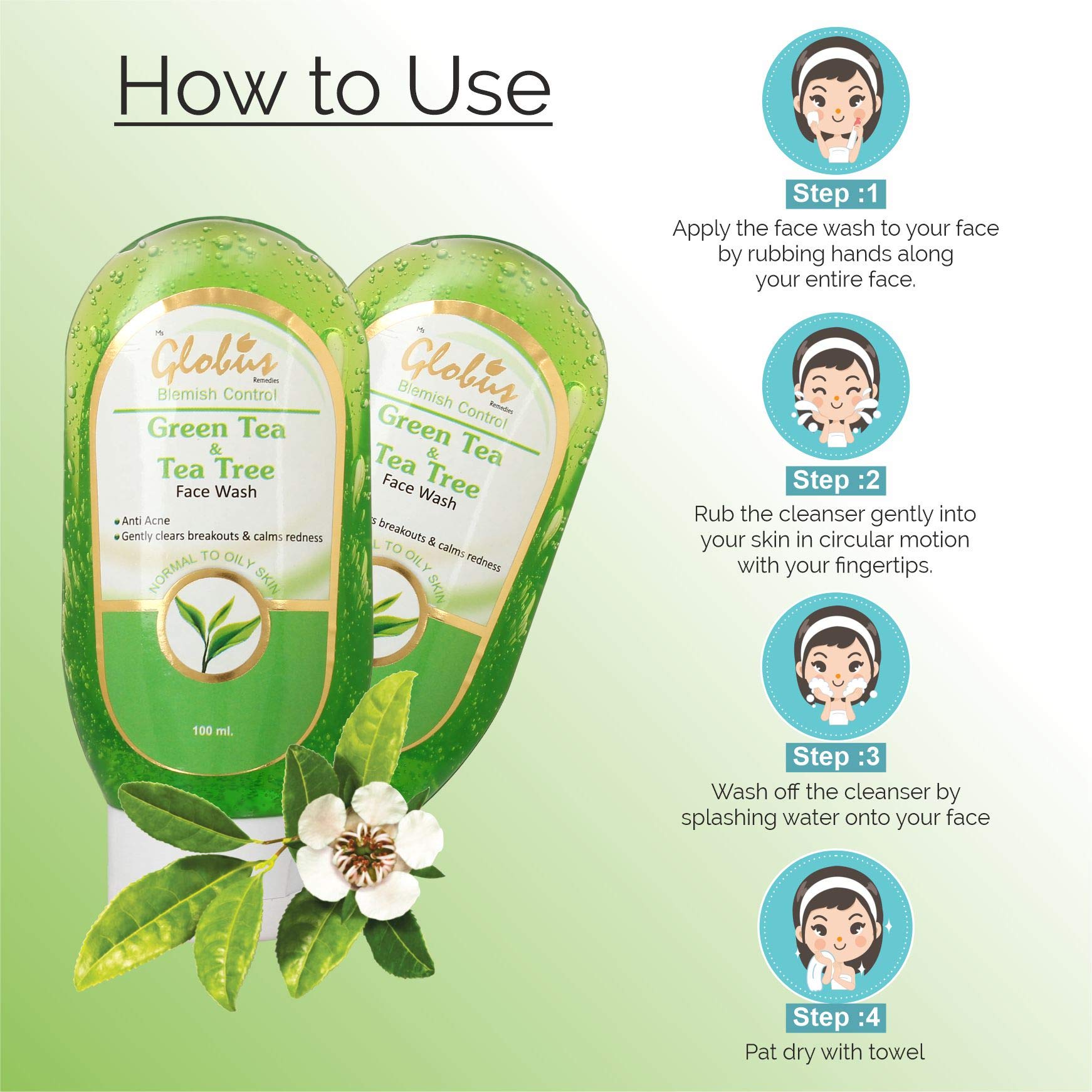 Globus Green Tea & Tea Tree Facial Cleanser 100ml - Deep Cleansing for Acne-Prone & Oily Skin - Perfect for Daily Skincare Routine