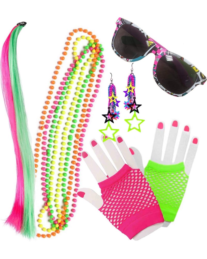 Vintage 80s Fashion Accessories Set - Necklace, Glasses, Earrings, Gloves & Hair Clip | Retro Party Costume & Halloween Outfit Accessories