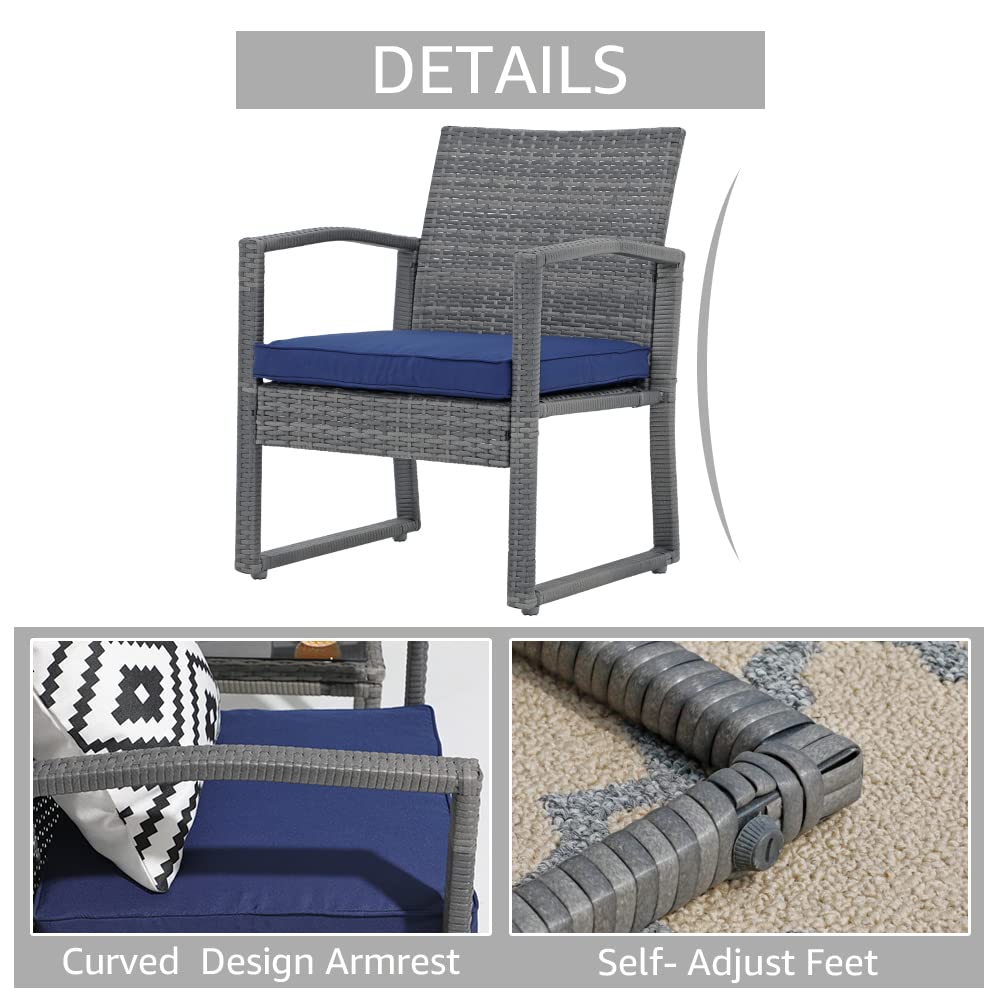 **Patiorama 3-Piece Outdoor Patio Furniture Set - Modern Wicker Rattan Bistro Set with Coffee Table for Garden, Balcony, Backyard & Poolside (Navy Blue) - Perfect for Relaxing, Entertaining & Outdoor Dining**