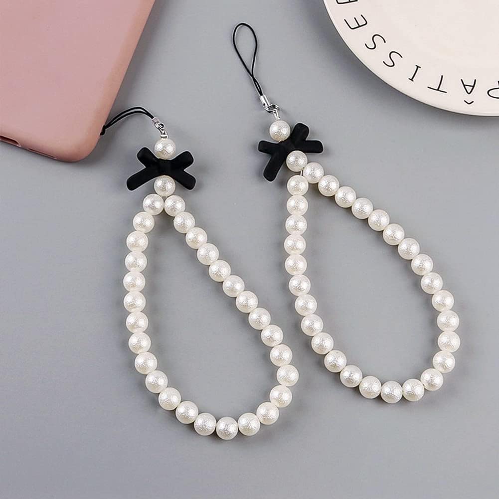 Fashionable White Pearl Beaded Phone Lanyard with Black Bow - Universal Anti-Lost Wrist Strap for Mobile Phones, Keychains & Wallets - Elegant Women's Accessory for Work, Travel & Daily Use