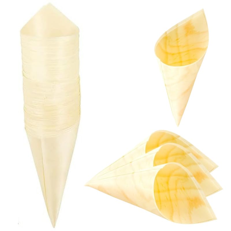 WIIES 6 Inch Pinewood Cones - Pack of 25 Bamboo Disposable Food Cones for Snacks, Desserts & Party Decorations | Eco-Friendly Serving Cones for Ice Cream, Cotton Candy & Wedding Favors