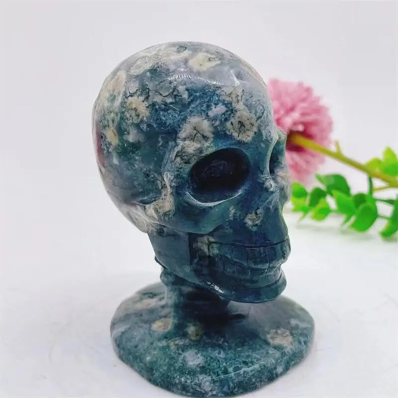 Natural Moss Agate Skull Carving - Handmade Gemstone Wizard Decor for Home, Office & Meditation | Healing Crystal Collection | Unique Spiritual Gift for Men & Women (1 Piece) | Perfect for Yoga Rooms, Altars & Gothic Decor