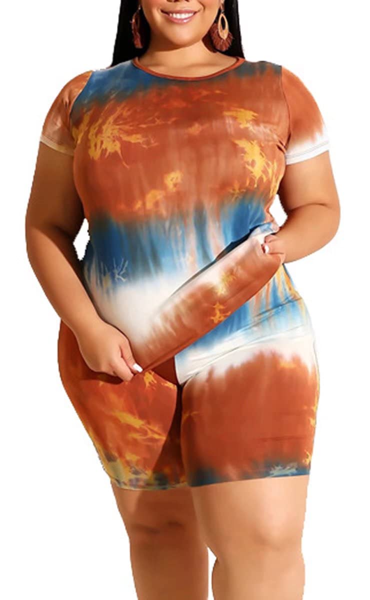 Plus Size Women's Two Piece Outfits - Oversized Summer T-Shirt & Tie Dye Jogging Shorts Set | Casual Loungewear & Streetwear Fashion for Curvy Women