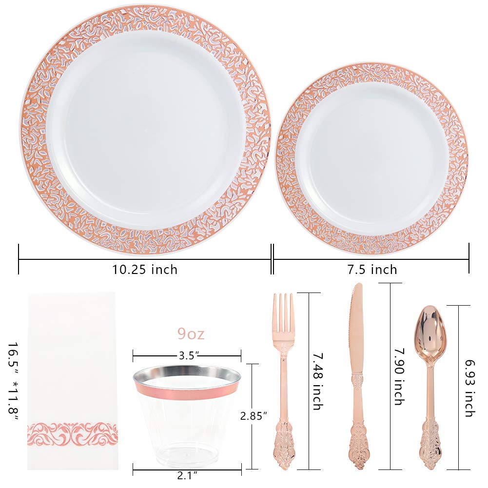 350-Piece Rose Gold Plastic Dinnerware Set with Disposable Silverware & Napkins - Elegant Lace Design Plates for Weddings, Parties, and Special Events - Perfect for Bridal Showers, Birthday Celebrations, and Outdoor Gatherings