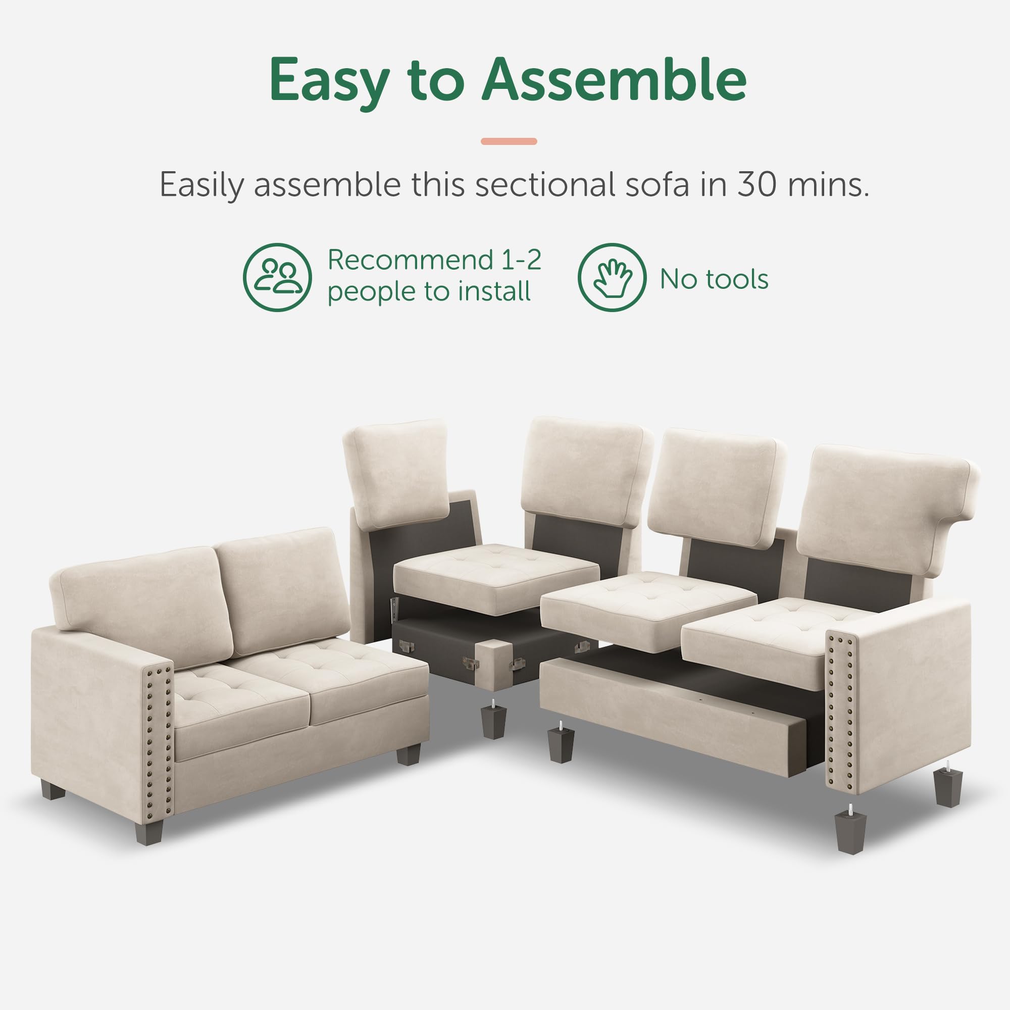 HONBAY Velvet Modular Sectional Sofa - L-Shaped Couch with Storage Ottoman & Top Tray, U-Shape Living Room Sofa Set in Beige | Perfect for Small Spaces, Apartments & Family Gatherings