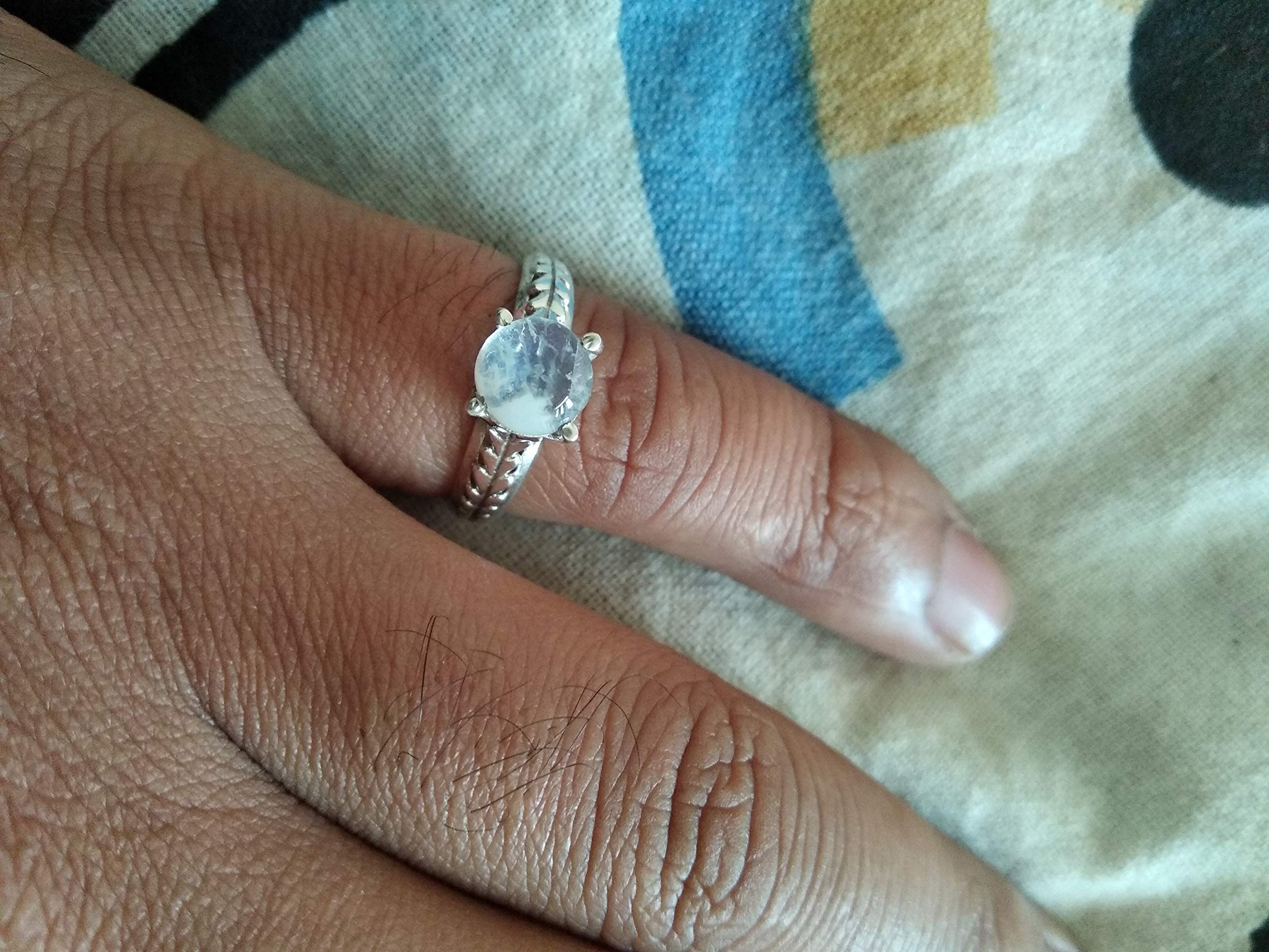 Moonstone Ring - 925 Sterling Silver Prong Solitaire Ring with Genuine Healing Crystal | Dainty Blue Flashy Vintage Jewelry | Christmas Gift for Her, Birthday Present, Anniversary Jewelry, Spiritual Healing Accessory